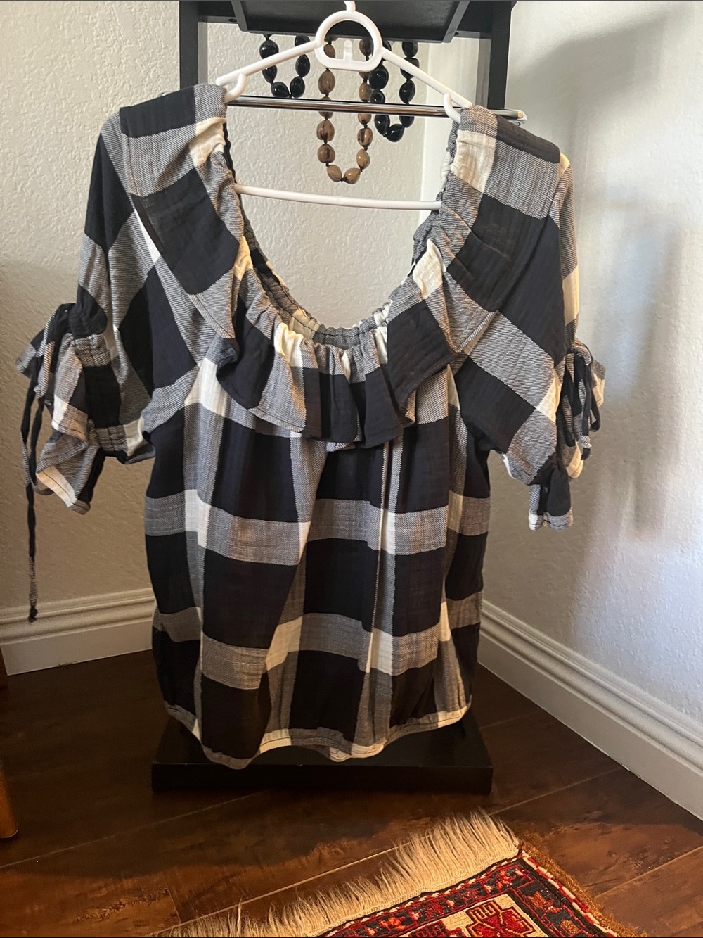 Anthropologie Black & Cream Plaid Ruffle Off-Shoulder Top